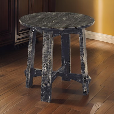 Rena Side End Table, X Legs, 24in Round, Distressed Rustic Black Wood