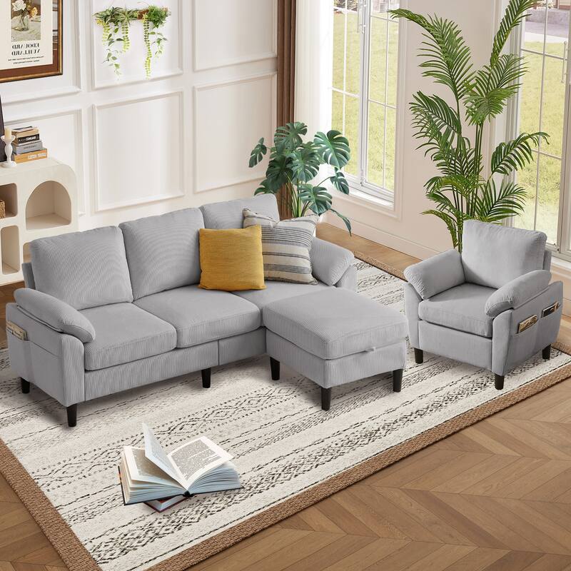 79.72" Corduroy 3 Pieces Living Room Sets Including Sectional Sofa with Storage Ottoman & Side Pockets & Armchair Set