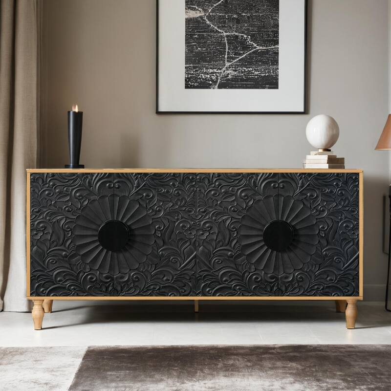 Carved Symmetrical Design Door And Wood Coloured Frame For TV Stand Table,Living Room ,Entryway - Black+Natural