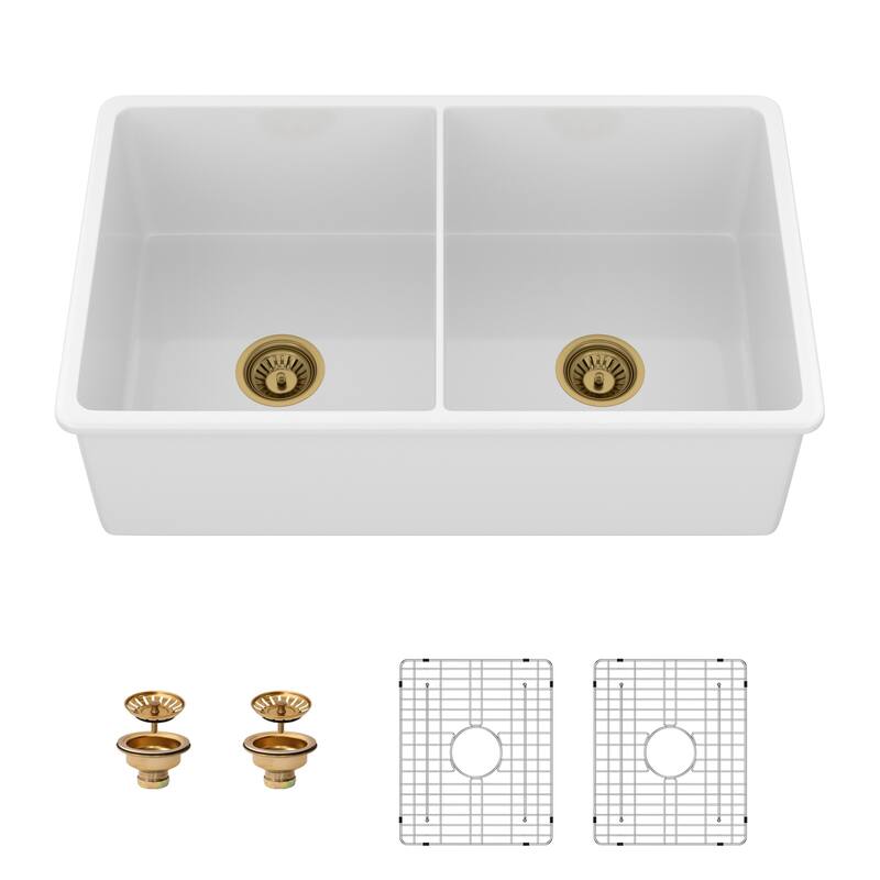 32 Inch Undermount Double Bowl Ceramic Kitchen Sink in White - 32'' x 19'' x 10''