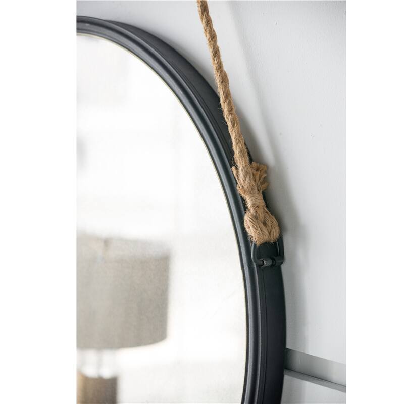 On-trend Hanging Round Mirror with Black Framed and Rope Strap