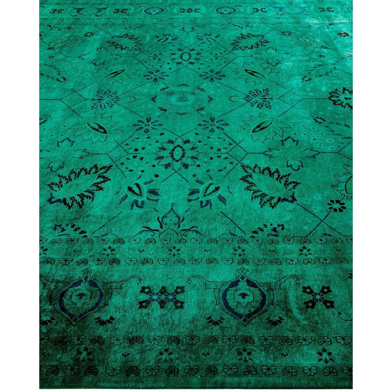 Overton Handknotted Wool Vintage Inspired Contemporary Overdyed Green Area Rug - 13' 10" x 8' 2"