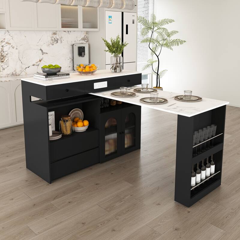 Kitchen Island with Extendable Rotating Table, 4 Drawers, Glass Doors & Built-in Socket