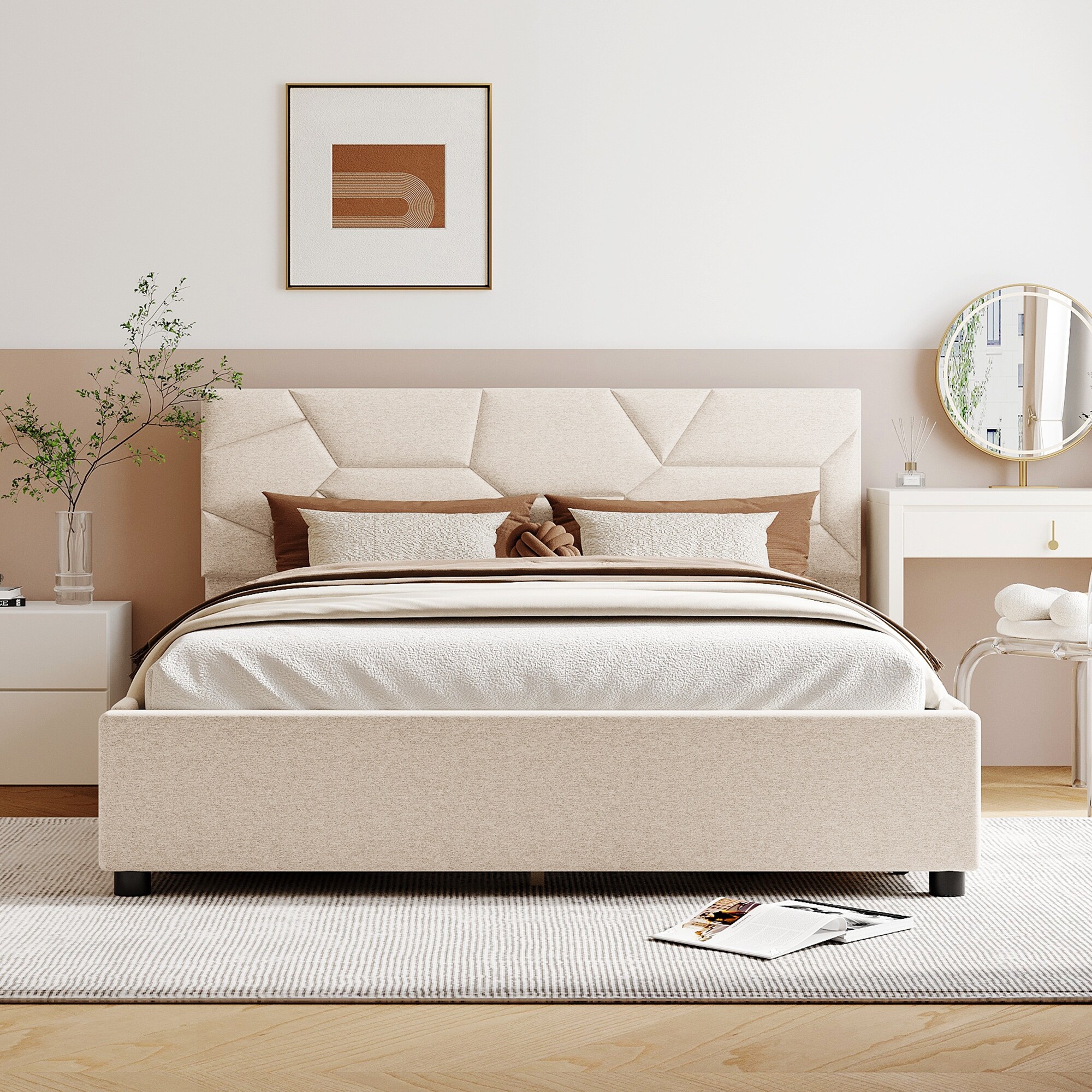 Queen Upholstered Platform Bed with Brick Pattern Heardboard 4
