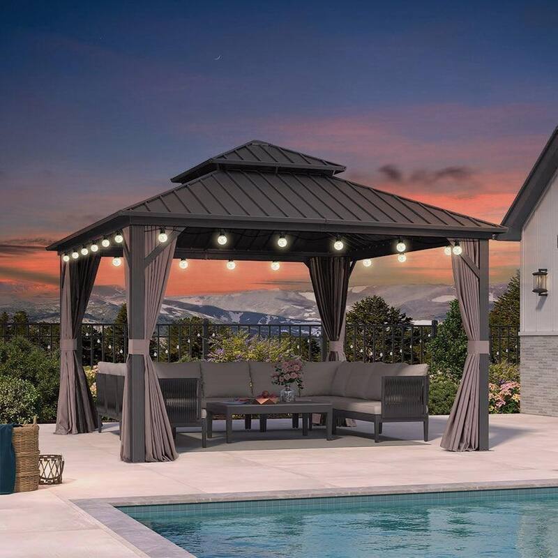 PURPLE LEAF Outdoor Galvanized Steel Hardtop Gazebo, Aluminum Frame Gazebo With Curtains - 12' x 12' - Gazebos(With Ligths)