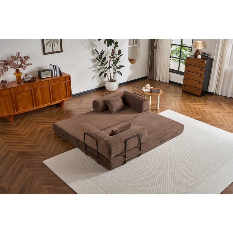 Convertible Sleeper Sofa Bed with Cylindrical Pillow, Corduroy Folding Mattress Couch with Fixed-Shape Frame