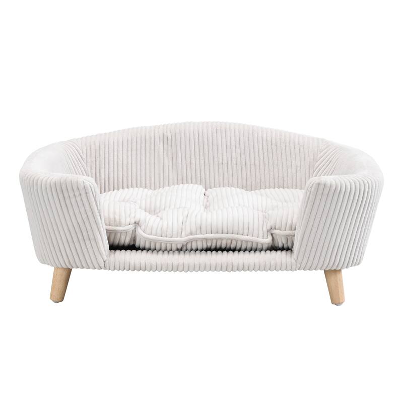 Roomfitters Modern Dog Sofa Bed, Corduroy Pet Couch with Supportive Foam and Wooden Legs, Elevated Design - Beige