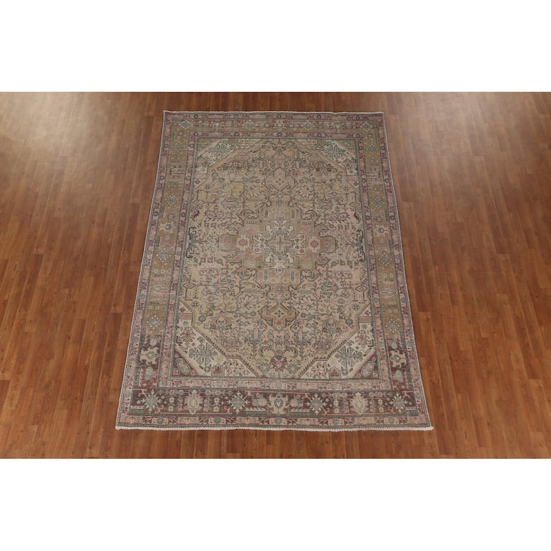 Distressed Tabriz Persian Vintage Rug Hand-Knotted Peach Wool Carpet - 6'7" x 9'6"