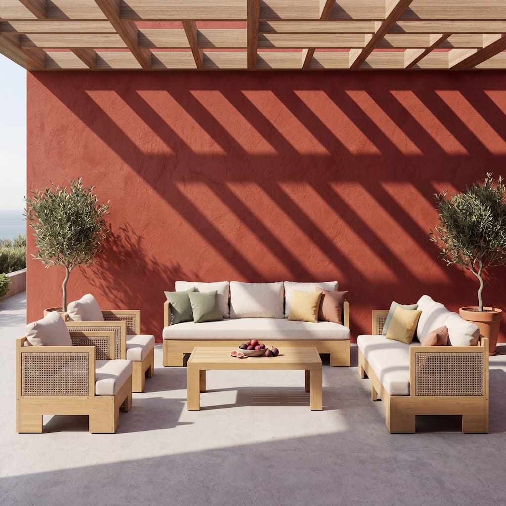 Christopher Knight Home - Malvior 5-Piece Outdoor Acacia Wood Chat Set with Wicker Accents and Water-Resistant Cushions