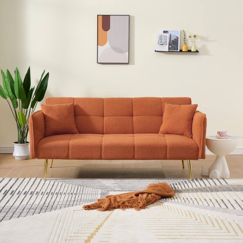 79.92" Teddy Velvet Upholstered Sofa Bed with Adjustable Back and Armrests - Orange