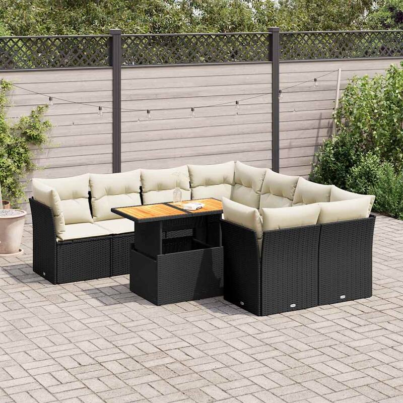 vidaXL Patio Sofa Set with Cushions Lounge Sofa Modules 9 Piece Poly Rattan - 21.7 x 39.4 x 28.7 - Black and cream