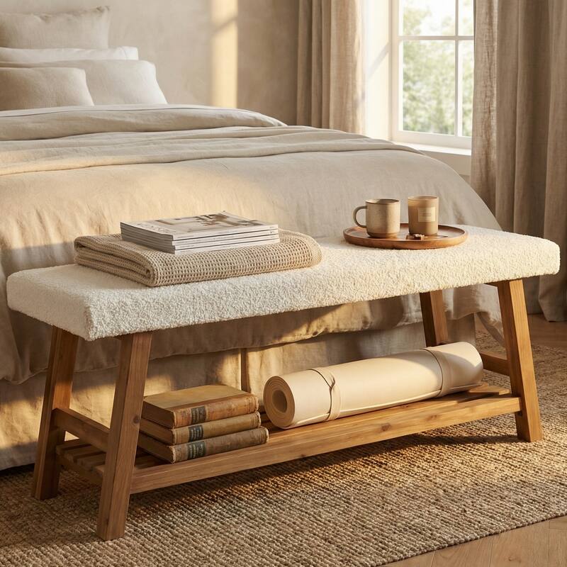 55 Inch Upholstered Shoe Rack Bench with Cushion for Entryway, Bedroom, Kitchen, Dining Room, Solid Wood Bench Seating