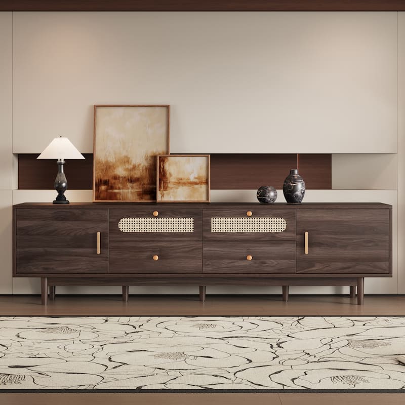 Modern76 Inch TV Stand with Rattan Doors and Storage for Large TVs - Dark Brown