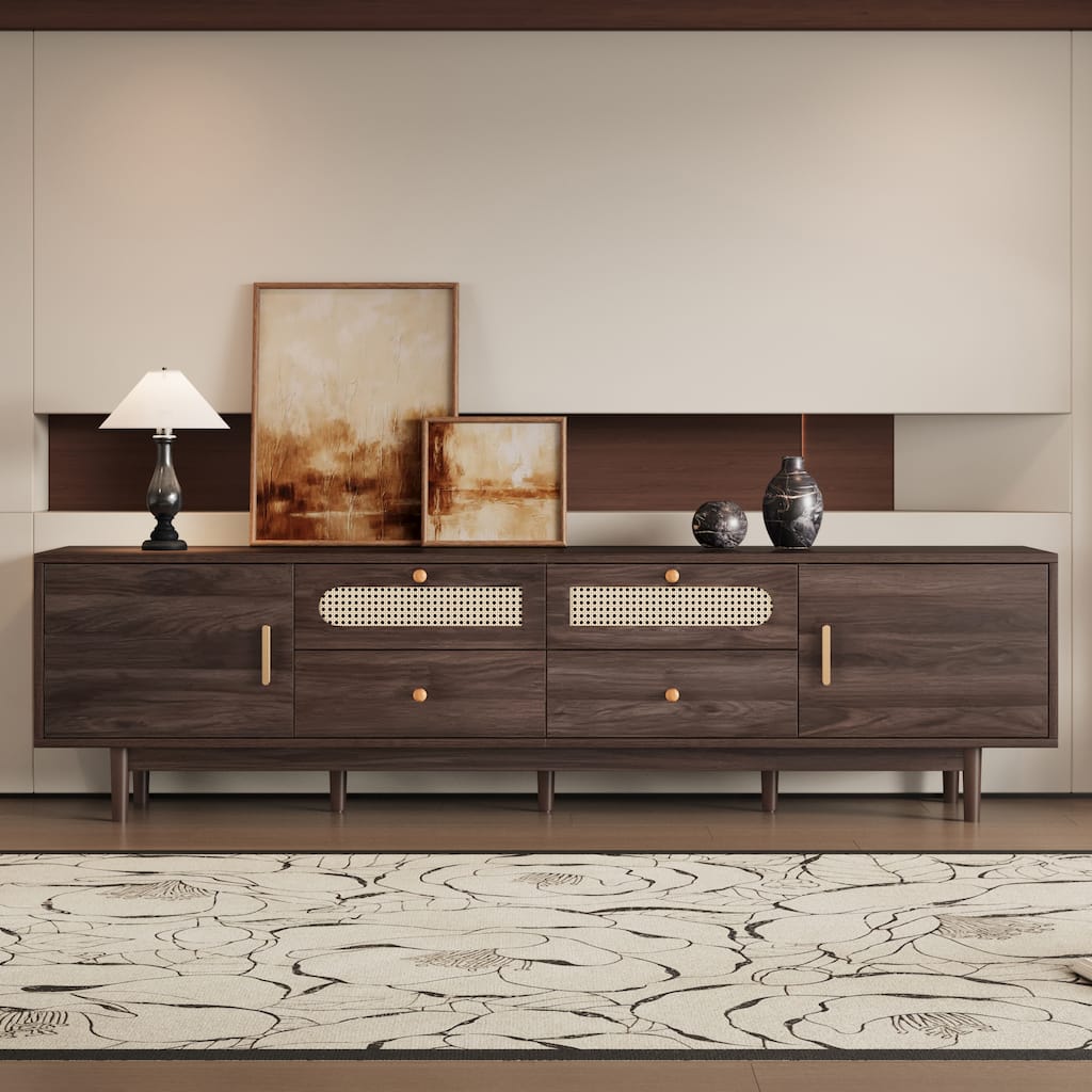 Modern76 Inch TV Stand with Rattan Doors and Storage for Large TVs