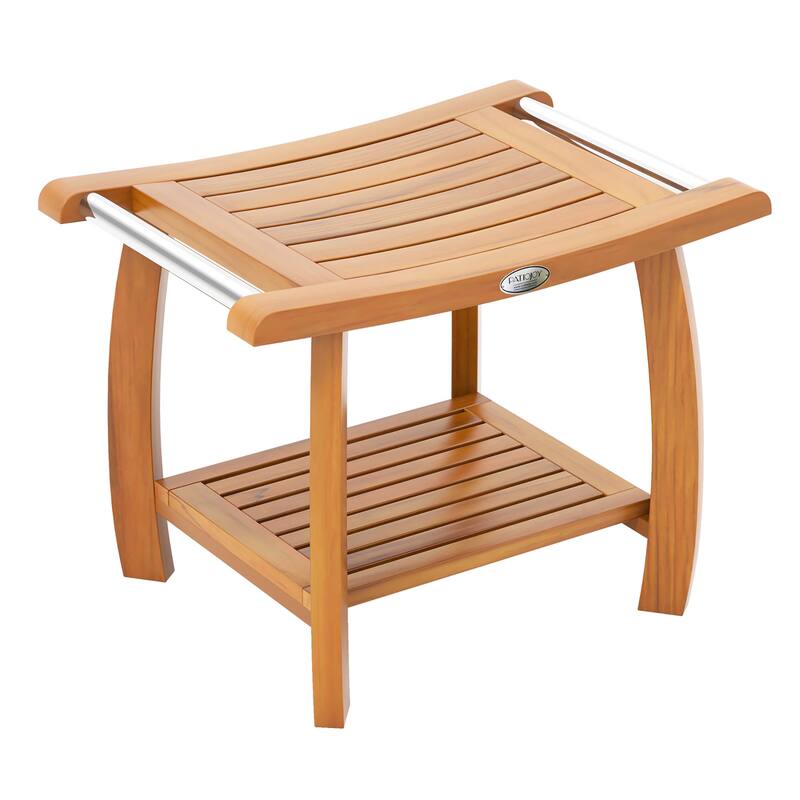 Gymax Teak Wood Shower Bench 2-Tier Wooden Shower Stool w/ Curved Seat