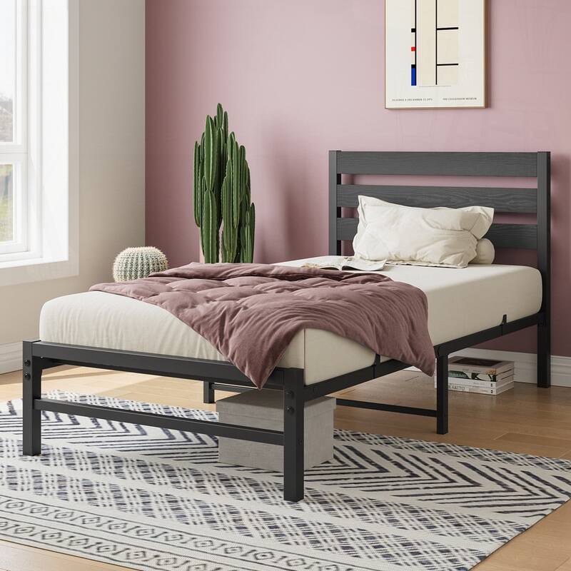 Platform Bed Frame with Wooden Headboard - Black - Twin