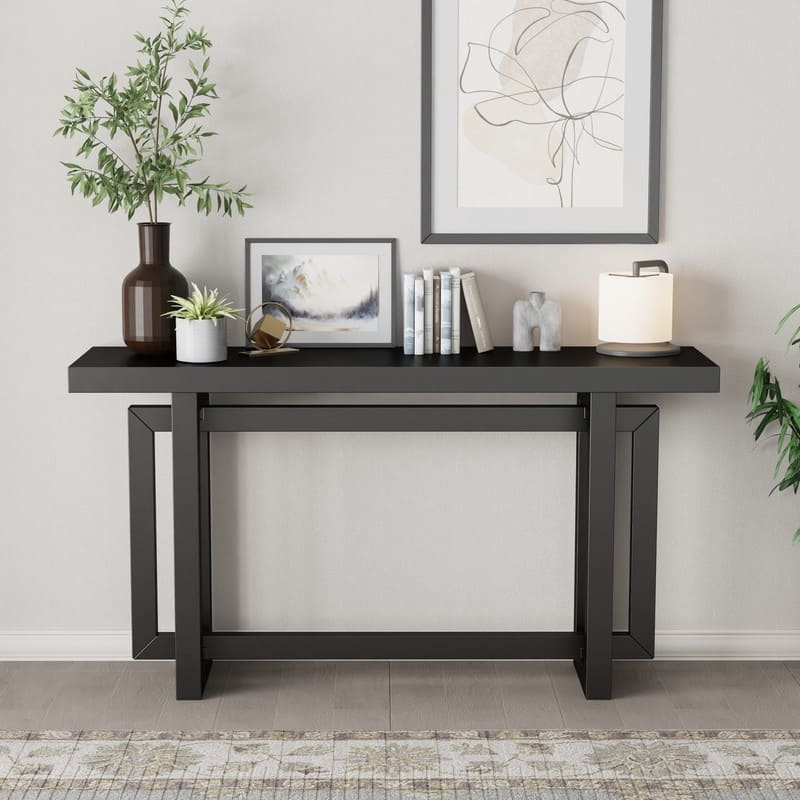 Modern Console Table Sofa Table with Concrete Top, 59'' Long Accent Entryway Table - Black