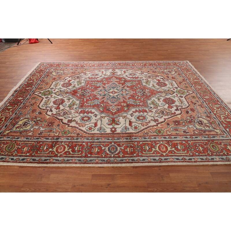 Ivory & Orange Heriz Serapi Indian Area Rug Handmade Wool Carpet - 7'10"x 9'11"