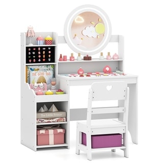 Gymax Kids Vanity Table Set w/ Lighted LED Mirror Princess Dressing