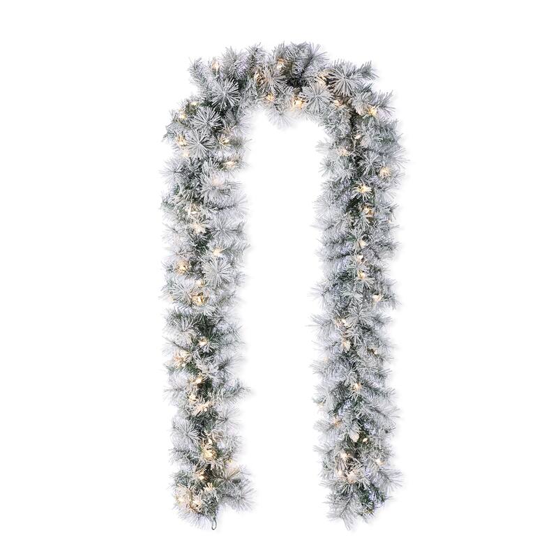 Glitzhome Pre-Lit Snow Flocked White/Greenery Pine Garland & Wreath & Teardrop - "9ft Garland" with Greenery Pine