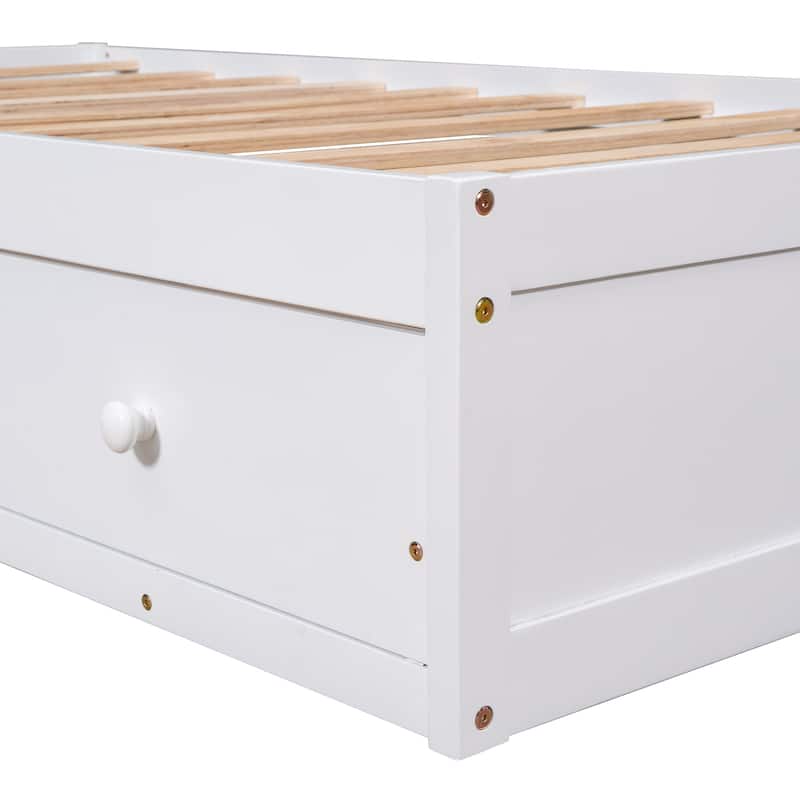 Twin Size Platform Storage Bed with 3 Drawers, White Pine Wood Frame, Mattress Foundation