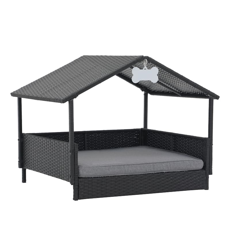 Outdoor Cushioned Wicker Dog House Pet Bed