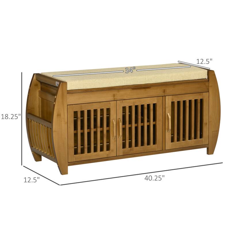 Shoe Bench with Storage Cabinets, Bamboo Entryway Bench with Seating Cushion, 3 Doors, Side Rack