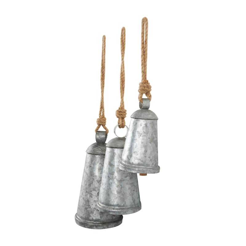 Gray, Red, Black or Bronze Metal Tibetan Inspired Decorative Cow Bell with Jute Hanging Rope (Set of 3)