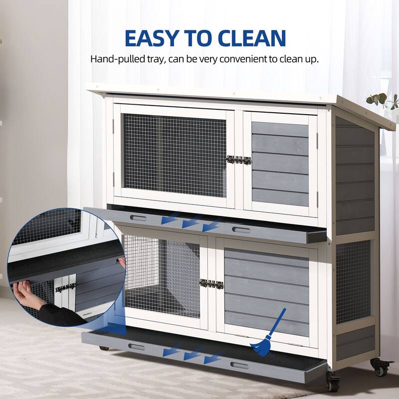 Moasis 41-inch 2-Tier Wooden Rabbit Hutch Bunny Cage with Removable Tray and Wheels