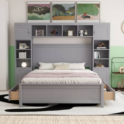 Wooden Bed with Integrated Cabinet and Shelves
