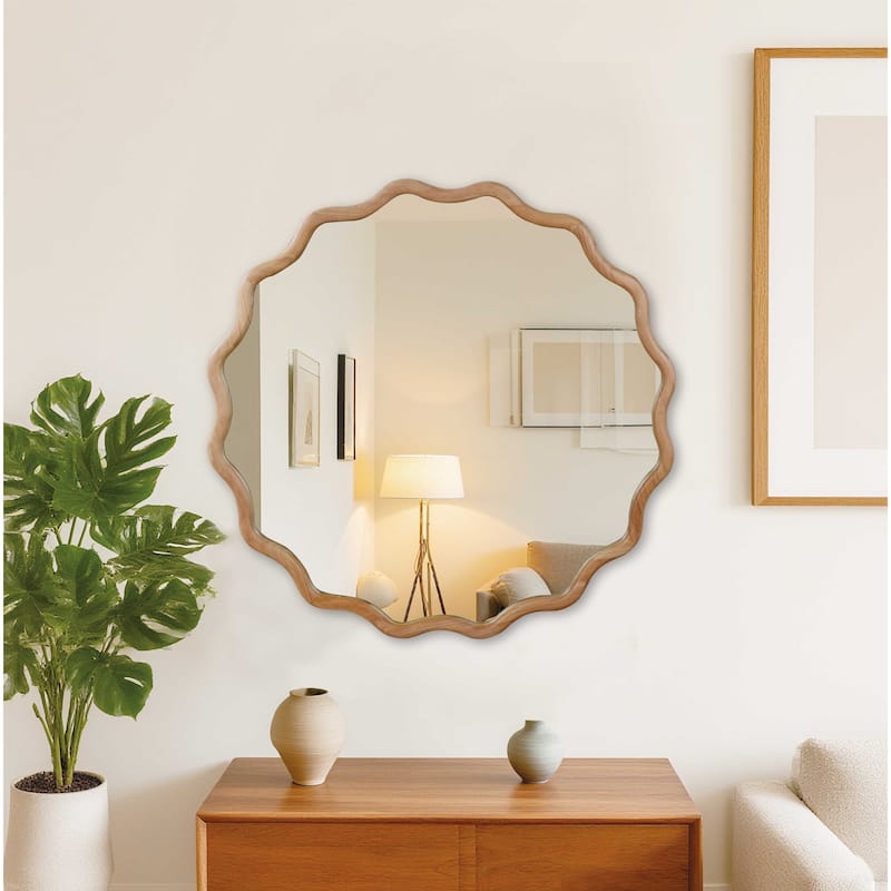 Wavy Round Solid Wood Frame Decorative Mirror Modern Farmhouse Wall Mirror For Bedroom Bathroom Living Room Entryway - Natural - 36 in. W x 36 in. H