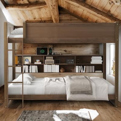 Modren Queen over Queen Bunk Bed with Storage Cabinets and USB Ports for Home