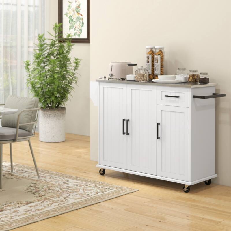 Kitchen Island with Storage, Rolling Kitchen Island on Wheels with Drawer, 3 Cabinets,Spice Rack and Towel Rack, White