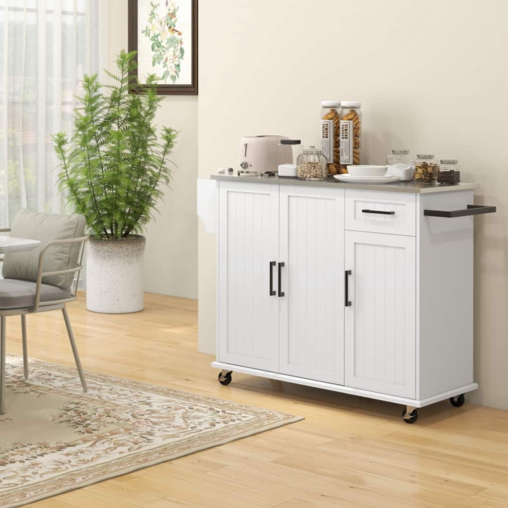 Kitchen Island with Storage, Rolling Kitchen Island on Wheels with Drawer, 3 Cabinets,Spice Rack and Towel Rack, White