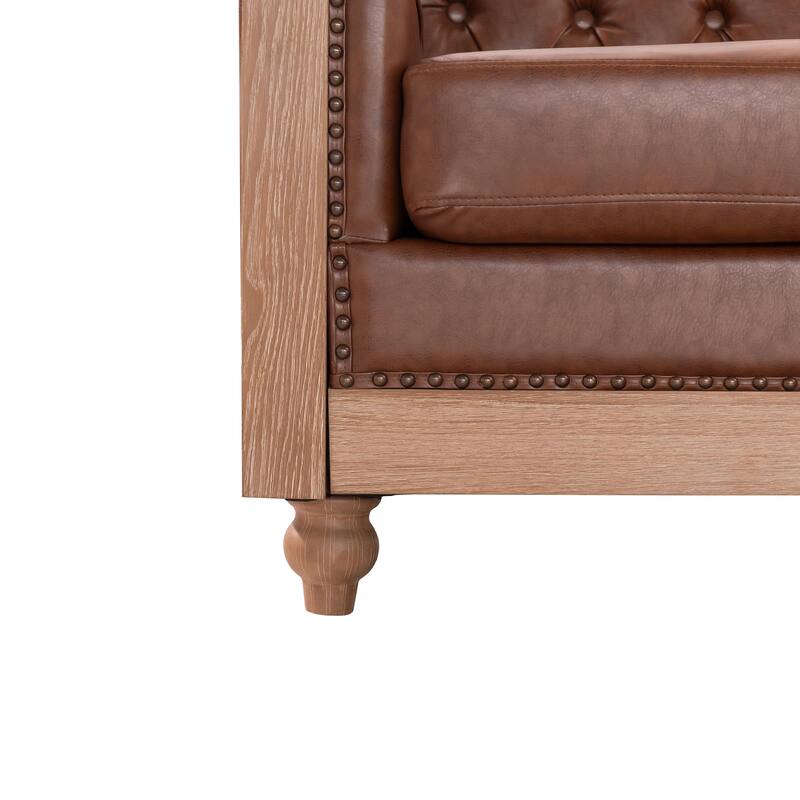 Large Comfy Sectional Sofa, Retro, Light Brown PU, Wooden Legs, 104x104x28", 233 lbs