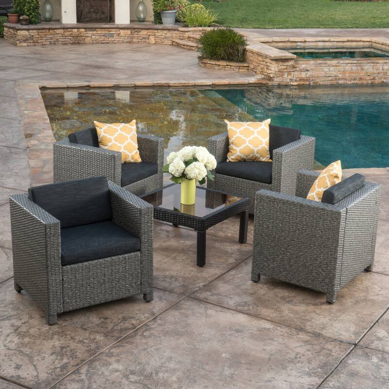 Puerta Outdoor Club Chairs with Water Resistant Cushions (Set of 4) by Christopher Knight Home - Black/Grey