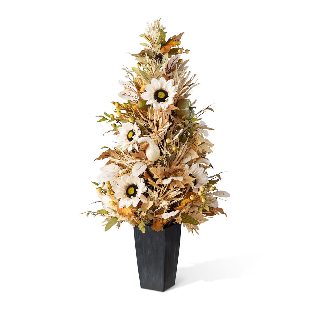Glitzhome 3FT Fall Thanksgiving Pumpkin Sunflower Pinecones Floral Porch Potted Tree