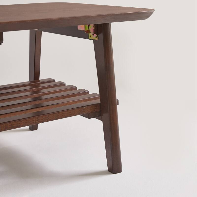 Wooden Coffee Table with Storage Shelf, Mid-Century Rectangular Center Table for Living Room,Walnut Brown