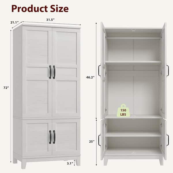 dimension image slide 1 of 4, 72in Armoire Wardrobe Closet with 4 Doors and Hanging Rod, Freestanding Tall Storage Cabinet with Adjustable Shelves