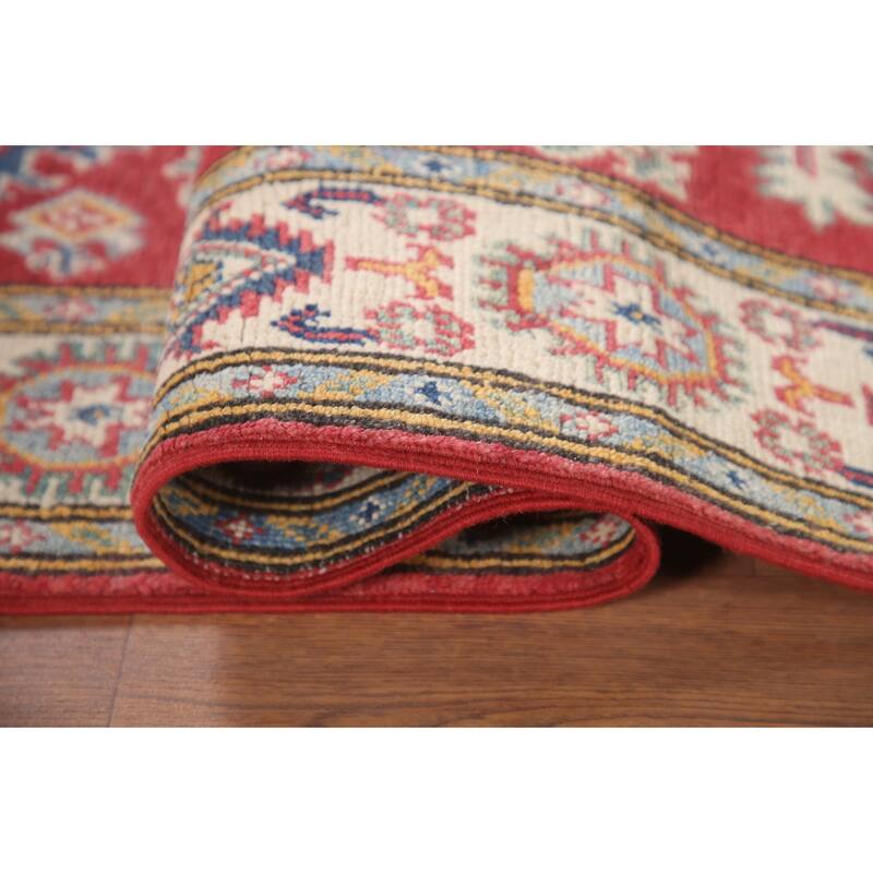 Hand Knotted Oriental 100% Wool Carpet Traditional Geometric Red Kazak Area Rug - 6' 5'' X 2' 8''