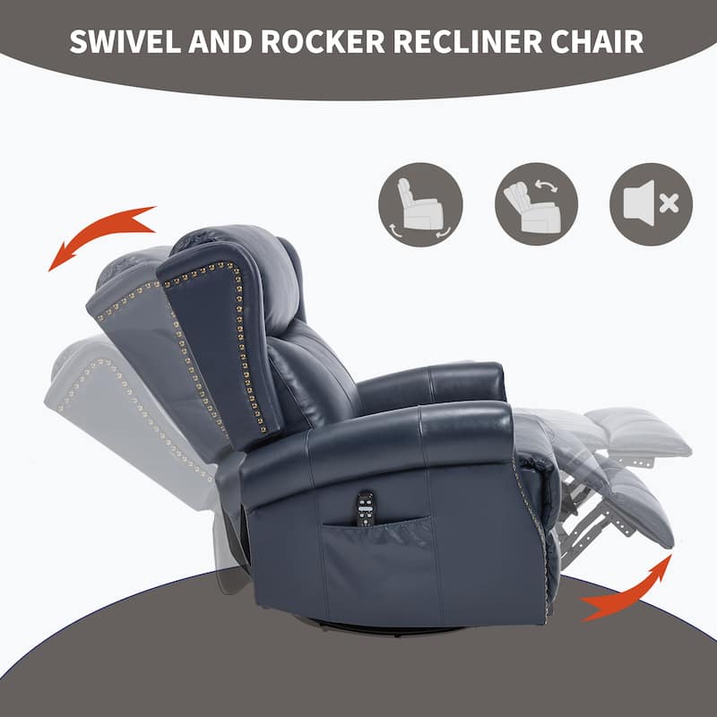 360° Swivel Rocking Recliner with Heat & Massage, Genuine Leather