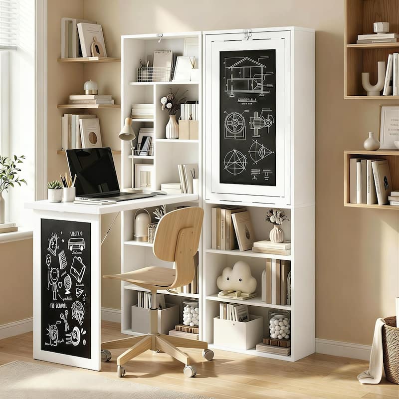 HOMCOM Convertible Folding Desk with Blackboard and Side Shelf Multi-Function Computer Office Workstation