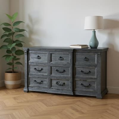 HomeRoots 64" Gray Wood Nine Drawer Triple Dresser