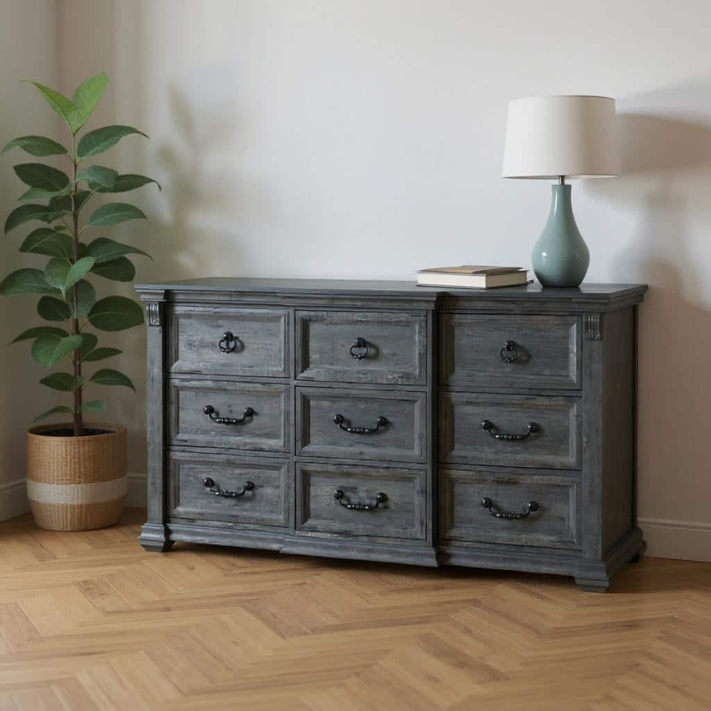 HomeRoots 64" Gray Wood Nine Drawer Triple Dresser
