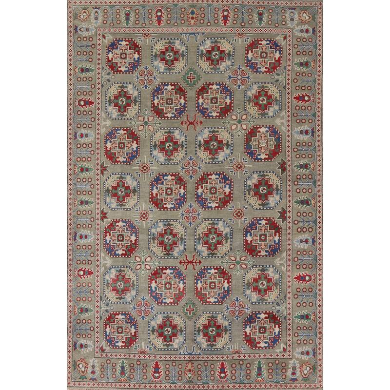 Hand Knotted Oriental 100% Wool Carpet Traditional All-Over Green Kazak Area Rug - 9' 10'' X 6' 7''