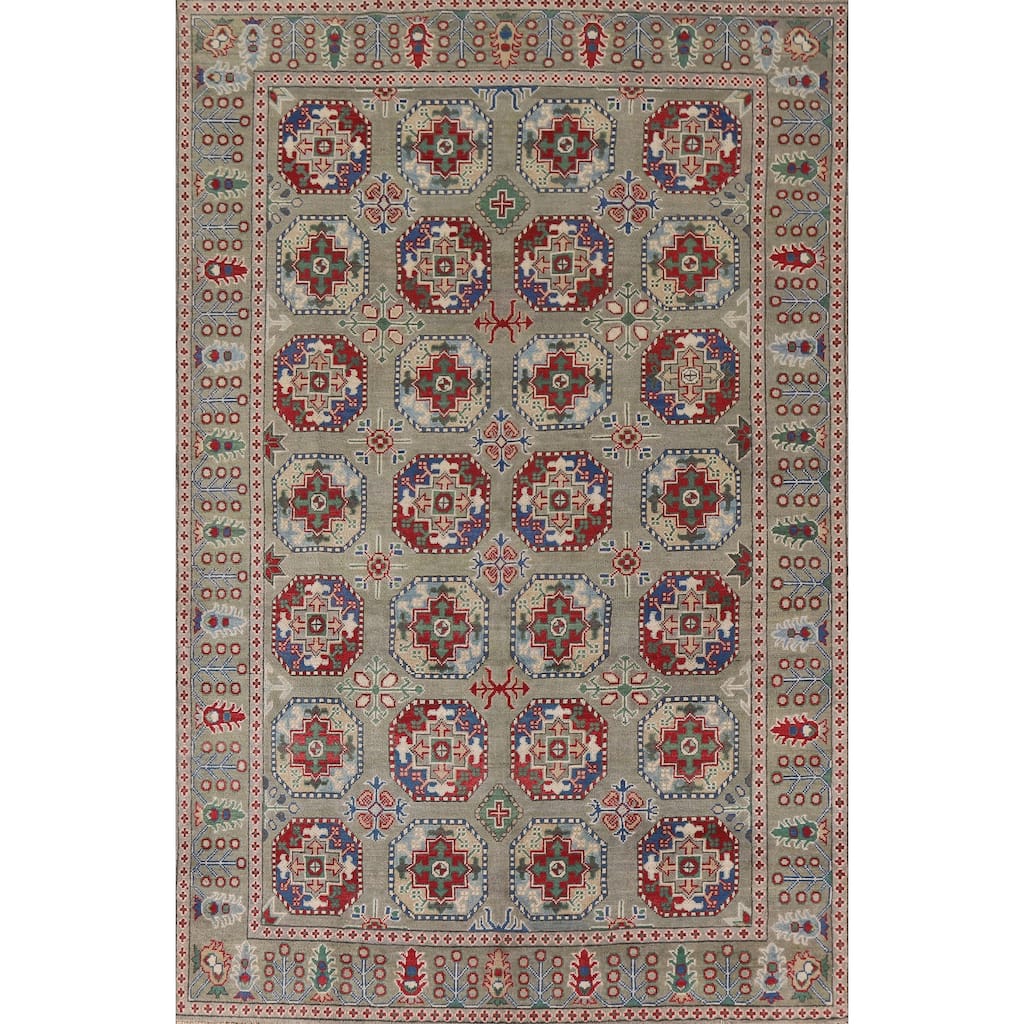 Hand Knotted Oriental 100% Wool Carpet Traditional All-Over Green Kazak Area Rug - 9' 10'' X 6' 7''