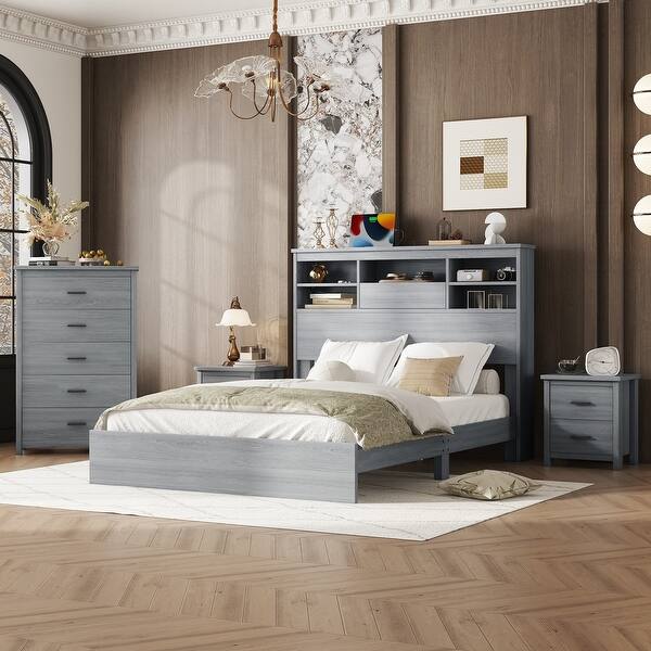 4-Pieces Bedroom Sets Vintage Bed Frame with 2 Nightstands and 1 Dresser