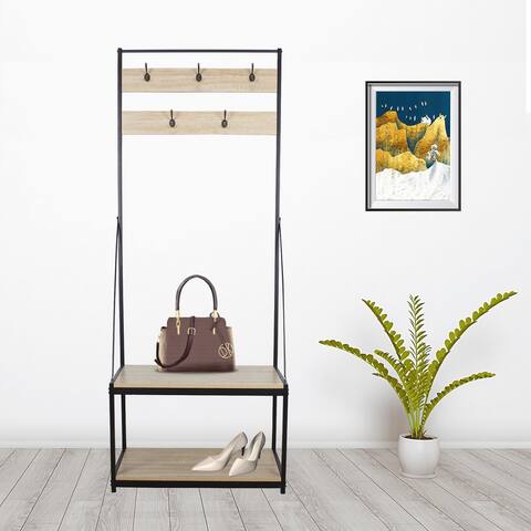 Mordern Entryway Hall Storage Shelf with 5 Hooks with Steel Frame