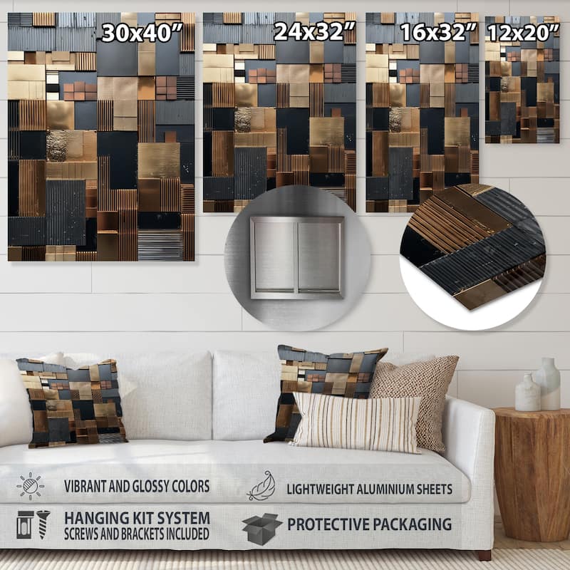 Designart "Brown Abstract Tile Mosiac Charm" Abstract Tile Metal Wall Art Brown Metal Wall Décor Modern Metal Art Work