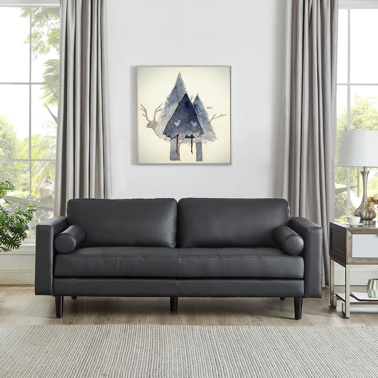 Modern Genuine Leather Sofa with Wooden Legs & Additional Bolster Pillow